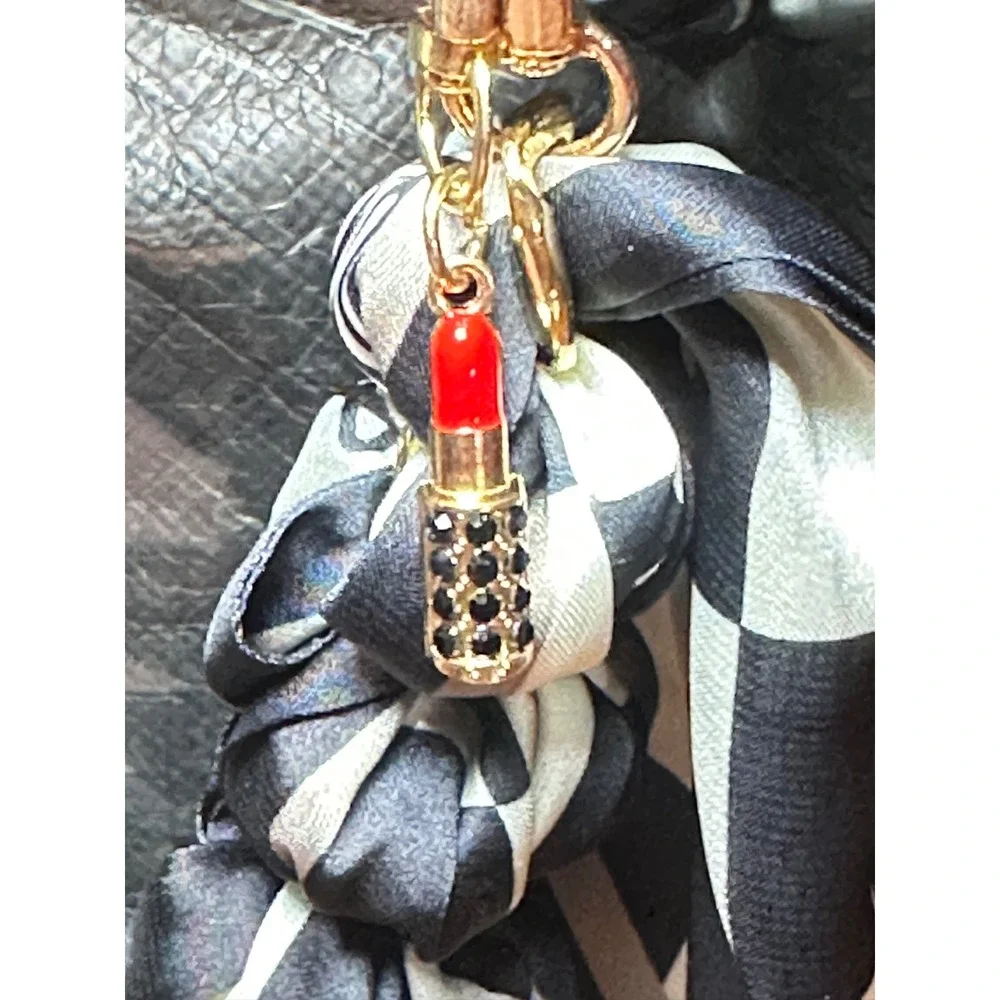 Chic Black Glossy Tote Purse. Functional Carryall with Scarf & Charm Accessories